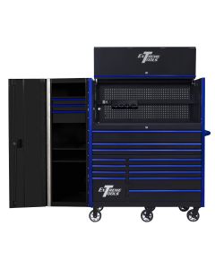 EXTRX55HRSKU image(0) - Extreme Tools RX Series 55in W x 25in D Professional Extreme Power Workstation Hutch, 12-Drawer Roller Cabinet-150 lbs Slides and 19in 3-Drawer Side Locker Combo, Black w Blue Dr Pulls