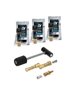 TRATP9814EV-BX image(0) - Tracer Products Mini-EZ&trade; POE-Based EV A/C dye injection kit with TP9815EV-P3 dye cartridges (compatible with R-134a and R-1234yf EV systems), solid-brass swivel-type R-134a coupler with check valve and purge fitting, R-1234