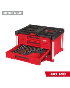 MLW48-22-9492 image(0) - Milwaukee Tool 60 Piece Metric and SAE Combination Wrench Set with PACKOUT 4 Drawer Tool Box