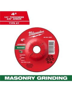 MLW49-94-1950 image(0) - Milwaukee Tool 4" x 1/4" x 5/8" Masonry Grinding  Wheel - Type 27