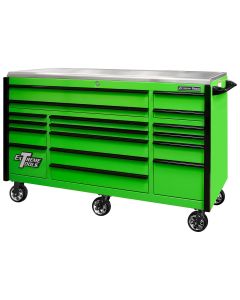 Extreme Tools EXQ Series 72"W x 30"D 17-Drawer Pro Triple Bank Roller Cabinet Green w/ Black Quick Release Drawer Pulls