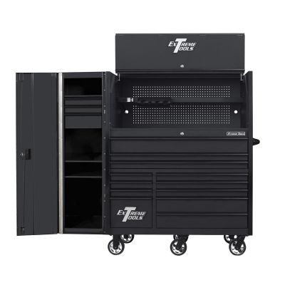 EXTRX55HRSMK image(0) - Extreme Tools RX Series 55in W x 25in D Professional Extreme Power Workstation Hutch, 12-Drawer Roller Cabinet-150 lbs Slides and 19in 3-Drawer Side Locker Combo, Matte Black w Black Dr Pulls