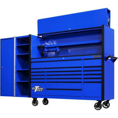 EXTDX72HRSUK image(0) - Extreme Tools DX Series 72in W x 21in D Extreme Power Workstation Hutch, 17-Drawer Roller Cabinet  and 19in Side Locker Combo, Blue w Black Drawer Pulls