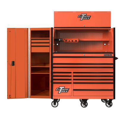EXTRX55HRSOK image(0) - Extreme Tools RX Series 55in W x 25in D Professional Extreme Power Workstation Hutch, 12-Drawer Roller Cabinet-150 lbs Slides and 19in 3-Drawer Side Locker Combo, Orange w Black Dr Pulls
