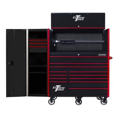 EXTRX55HRSKR image(0) - Extreme Tools RX Series 55in W x 25in D Professional Extreme Power Workstation Hutch, 12-Drawer Roller Cabinet-150 lbs Slides and 19in 3-Drawer Side Locker Combo, Black w Red Dr Pulls
