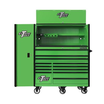 EXTRX55HRSGK image(0) - Extreme Tools RX Series 55in W x 25in D Professional Extreme Power Workstation Hutch, 12-Drawer Roller Cabinet-150 lbs Slides and 19in 3-Drawer Side Locker Combo, Green w Black Dr Pulls