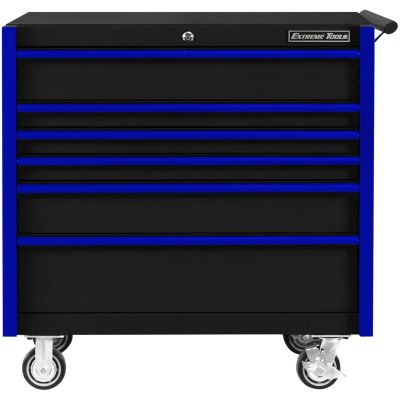 EXTDX412506RCBKBL image(0) - Extreme Tools DX Series 41in. W X 25&rdquo;D 6 Drawer Roller Cabinet, 100 lbs Slides, Black with Blue Drawer Pulls