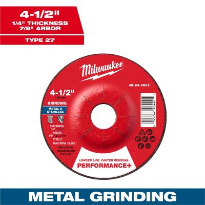MLW49-94-0603 image(0) - Milwaukee Tool 4-1/2" x 1/4" x 7/8" Performance+ Metal Grinding Wheel - Type 27