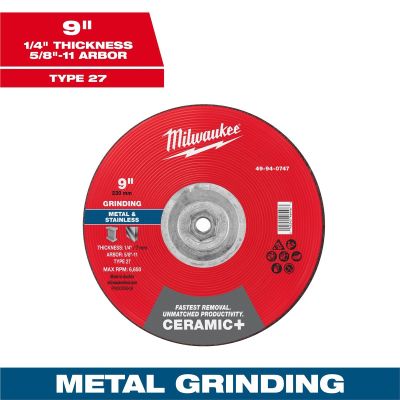 MLW49-94-0747 image(0) - Milwaukee Tool 9" x 1/4" x 5/8"-11 Ceramic+ Metal Grinding Wheel - Type 27