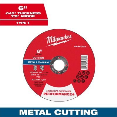 MLW49-94-0123 image(0) - Milwaukee Tool 6" x .045" x 7/8" Performance+ Metal Cut Off Wheel - Type 1