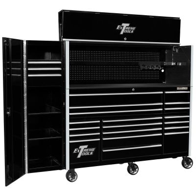 EXTRX7225HRSKC image(0) - Extreme Tools RX Series 72in W x 25in D Professional Extreme Power Workstation Hutch, 19-Drawer Roller Cabinet-150 lbs Slides and 19in 3-Drawer Side Locker Combo, Black w Chrome Dr Pulls