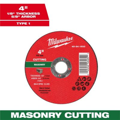 MLW49-94-1900 image(0) - Milwaukee Tool 4" x 1/8" x 5/8" Masonry Cut Off Wheel -Type 1