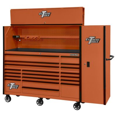 EXTRX7225HRSOK image(0) - Extreme Tools RX Series 72in W x 25in D Professional Extreme Power Workstation Hutch, 19-Drawer Roller Cabinet-150 lbs Slides and 19in 3-Drawer Side Locker Combo, Orange w Black Dr Pulls