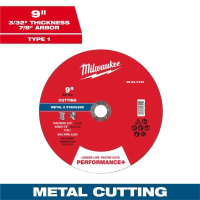 MLW49-94-0143 image(0) - Milwaukee Tool 9" x 3/32" x 7/8" Performance+ Metal Cut Off Wheel - Type 1
