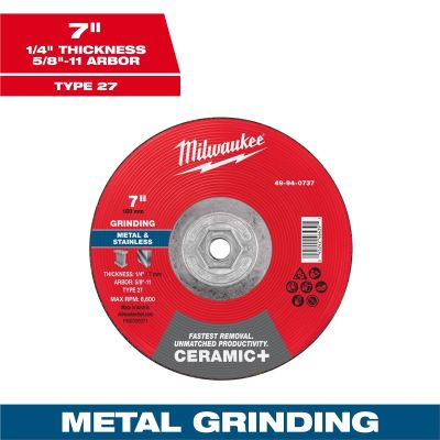 MLW49-94-0737 image(0) - Milwaukee Tool 7" x 1/4" x 5/8"-11 Ceramic+ Metal Grinding Wheel - Type 27