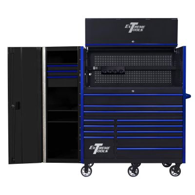 EXTRX55HRSKU image(0) - Extreme Tools RX Series 55in W x 25in D Professional Extreme Power Workstation Hutch, 12-Drawer Roller Cabinet-150 lbs Slides and 19in 3-Drawer Side Locker Combo, Black w Blue Dr Pulls