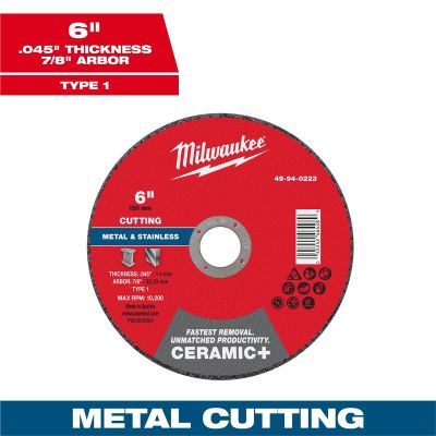 MLW49-94-0223 image(0) - Milwaukee Tool 6" x .045" x 7/8" Ceramic+ Metal Cut Off Wheel -Type 1